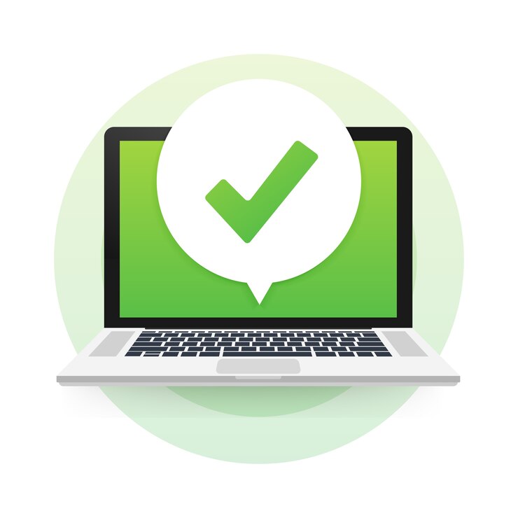 Vector laptop met vinkje of vinkje in de bel. goedgekeurde keuze. vinkje accepteren of goedkeuren