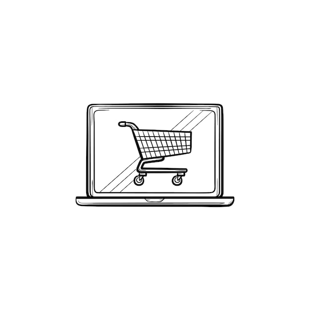 Laptop met winkelwagen op scherm hand getrokken schets doodle pictogram. E-commerce, online winkelen, koopconcept