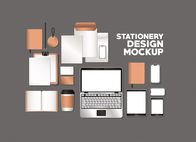 Vector laptop and mockup set on gray background