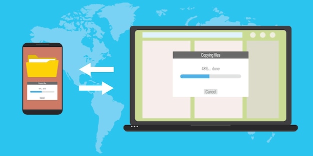 Vettore trasferimento di dati tra laptop e smartphone moderni tra dispositivi
