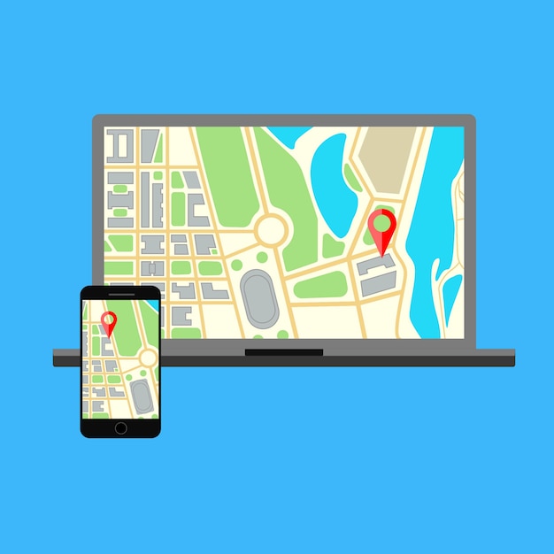 Vector laptop monitor and phone with map navigation on a screen. computer screen display isolated on blue .  illustration.