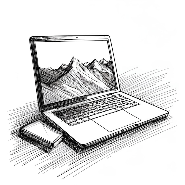 Laptop Monochrome ink sketch vector drawing engraving style vector illustration