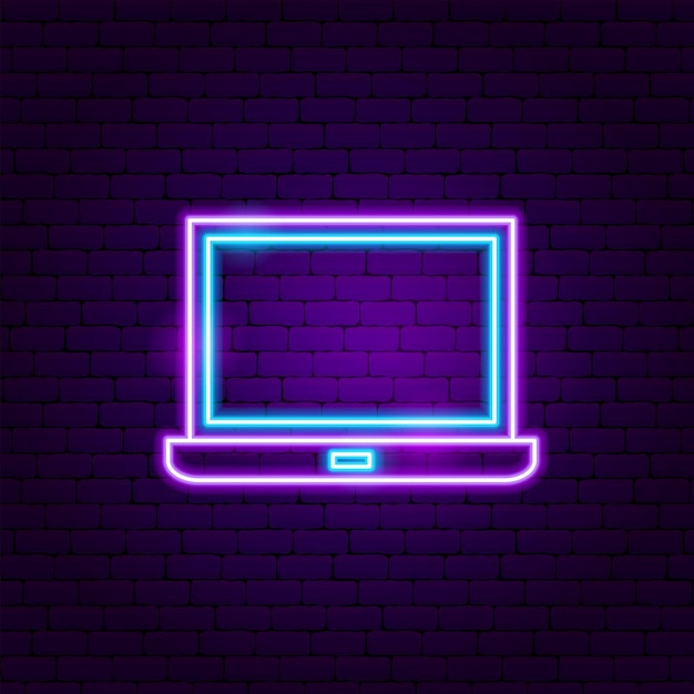 Etichetta al neon del computer portatile. illustrazione vettoriale di promozione elettronica.