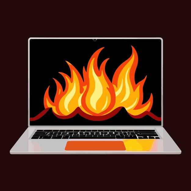 Вектор Иллюстрация ноутбука на огне, указывающая на перегрев компьютера и вектор сбоя
