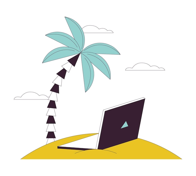 Laptop op het strand platte lijn kleur geïsoleerde vector object Remote werk apparaat Bewerkbare clip art afbeelding op witte achtergrond Eenvoudige omtrek cartoon spot illustratie voor webontwerp