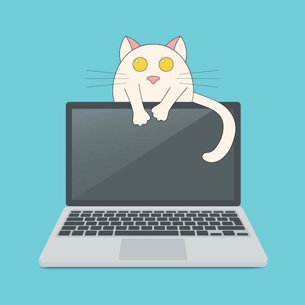 Laptop personal computer with cat illustrations Vector illustration laptop and cartoon character Modern flat style