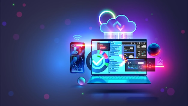 laptop and phone hanging over desk software development concept phone app interface web design computer technology web design concept website design development programming on screen laptop