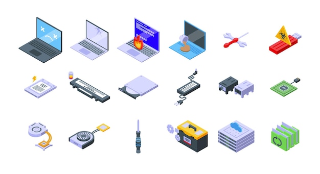 Laptop repair icons set isometric vector. technician repair