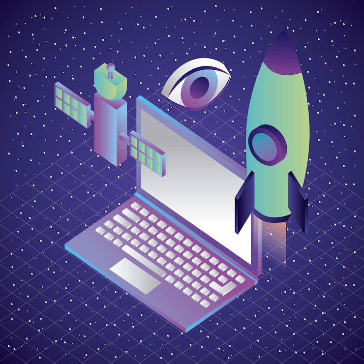 Vector laptop and rocket satellite vision virtual reality 