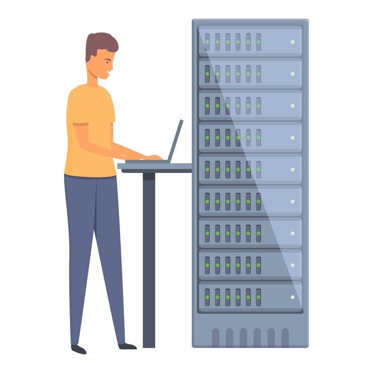 Vector laptop server administrator icon cartoon vector system engineer room information