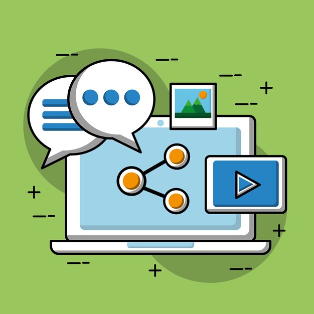 laptop sharing speech bubbles video speler sociale media