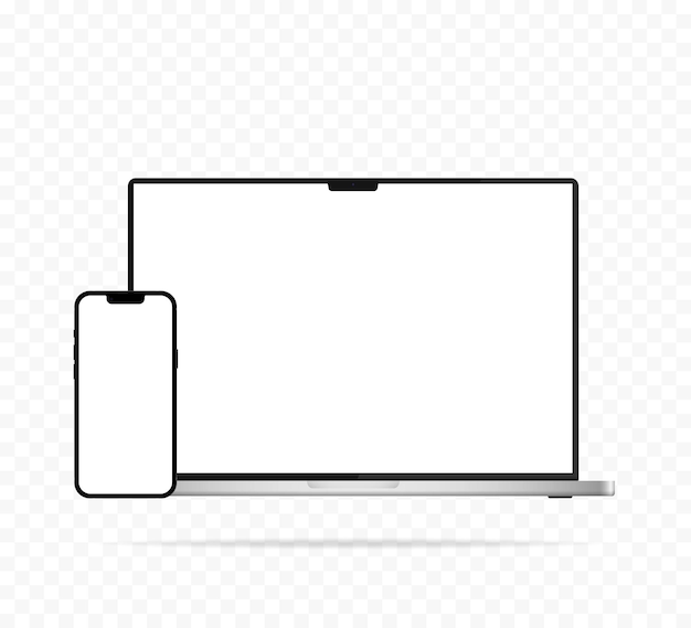 透明な背景に分離された空白の画面を持つラップトップとスマートフォンのモックアップラップトップと電話のベクトルテンプレート現実的な携帯電話のモックアップ画面デバイスのモックアップデジタルデバイスの概念EPS10