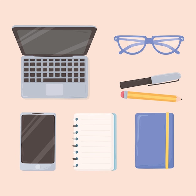 Vector laptop smartphone notepad pencil and glasses workspace office top view design