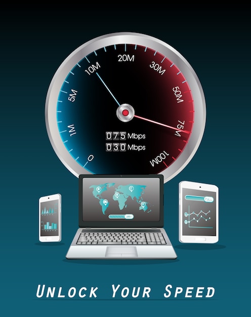 Laptop smartphone and tablet with internet speed meter