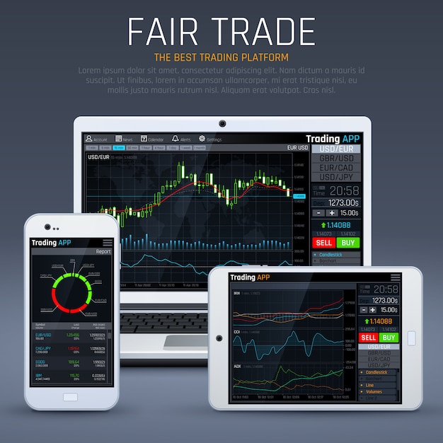 Computer portatile e smartphone con app del mercato aziendale. grafici finanziari e scambio concetto di valuta vettoriale. illustrazione dello scambio del diagramma di dati di affari, azione finanziarie sul computer portatile