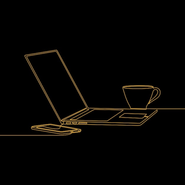 Vector laptop smartphones with coffee cup continuous drawing single line art