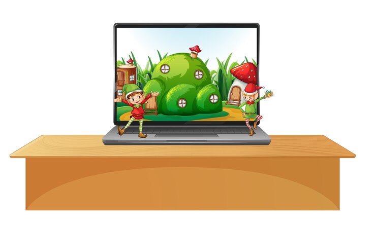 Vector laptop on the table with magic land on screen desktop