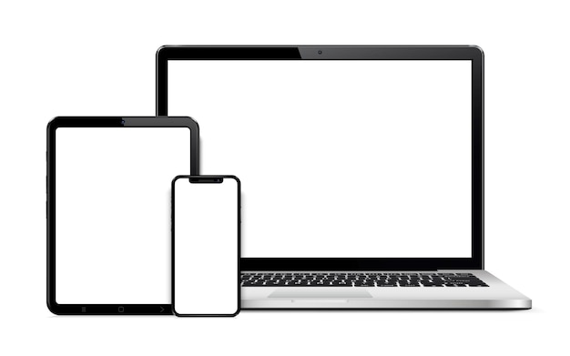 Планшет для ноутбука и смартфон, изолированные на белом фоне с пустым экраном