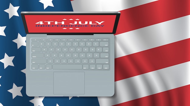 Vector laptop on united states flag american independence day celebration 4th of july banner greeting card horizontal top angle view illustration