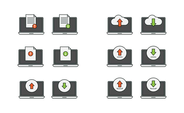 Caricamento e download del computer portatile freccia documento cloud design vettoriale caricamento e download del set di vettori