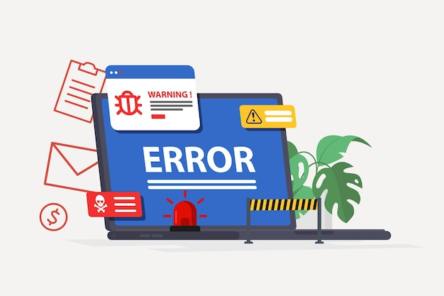 Laptop virus alert System error warning on a laptop Emergency alert Scanning for malware virus scam