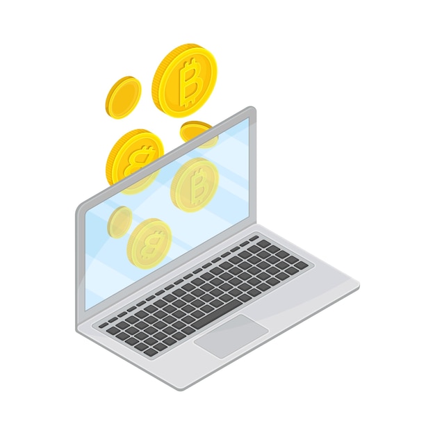 Laptop with Bitcoin Gold Coins Falling Down as Online Payment Vector Isometric Illustration