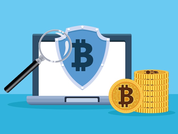 Laptop with bitcoin symbol in shield and magnifying glass vector illustration design