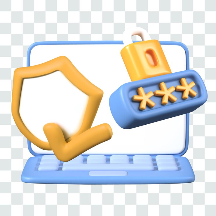 Vector laptop with blank screen shield with check mark lock with encrypted password