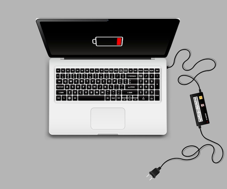 Vector laptop with charging disabled and low battery sign on screen
