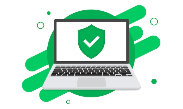 フラットなデザインのチェック マーク ウィンドウ付きのラップトップ フラットなデザインのラップトップ用のチェック マーク記号が付いたシールドのモックアップ