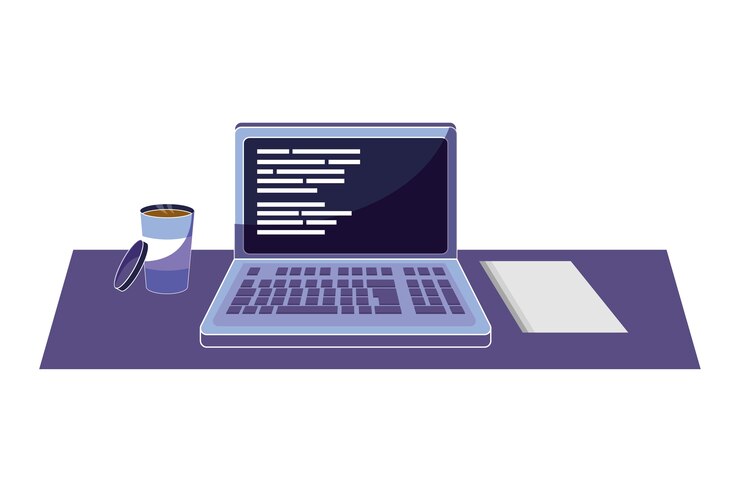 Vector laptop with code programming and coffee with paper