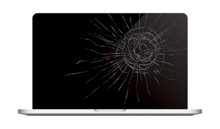 Vector laptop with a cracked screen. realistic vector illustration of a notebook with the damaged black display, isolated on a white background.