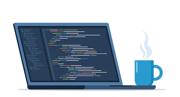 laptop with cup of coffee workplace of coder online programmer coding and programming