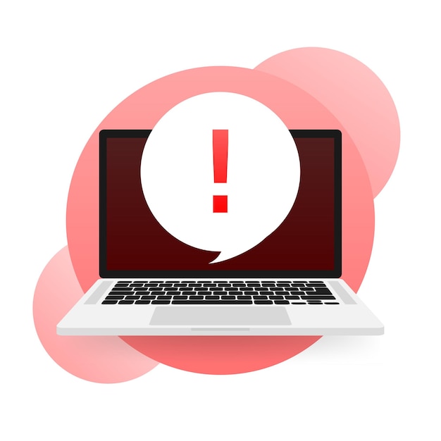 laptop with danger sign on screen on red background