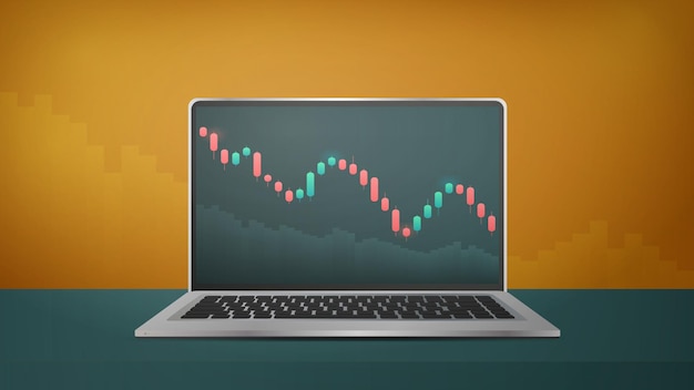 Vector laptop with display of stock market quotes. the graph tends to go down. investment trading in the stock market. banner with text under the place. vector illustration.