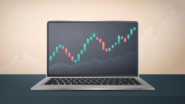 Laptop with display of stock market quotes. investment trading in the stock market. banner with space for text. vector illustration.