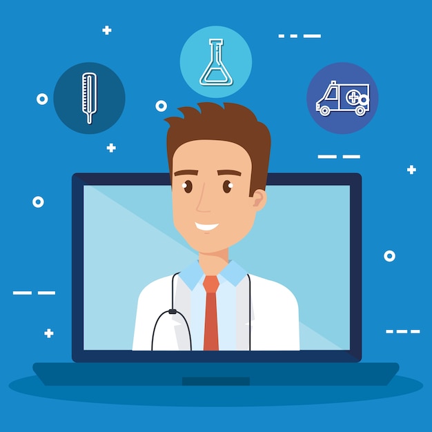 Laptop with doctor character and telemedicine icons