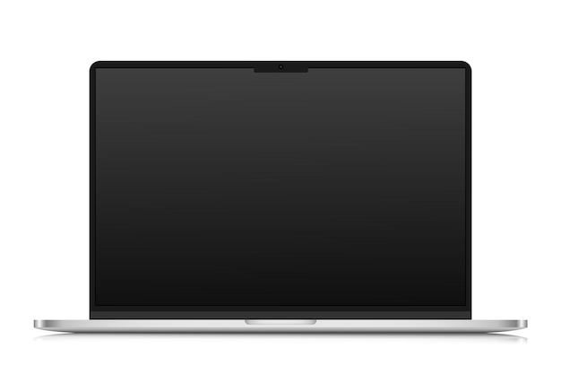 A laptop with an empty black screen on a white background