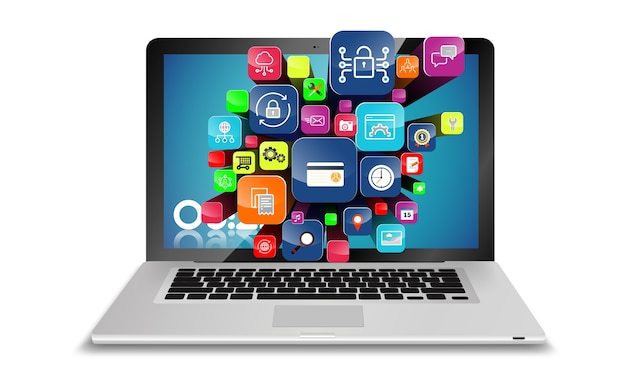Computer portatile con l'illustrazione volante delle icone di applicazione 3d