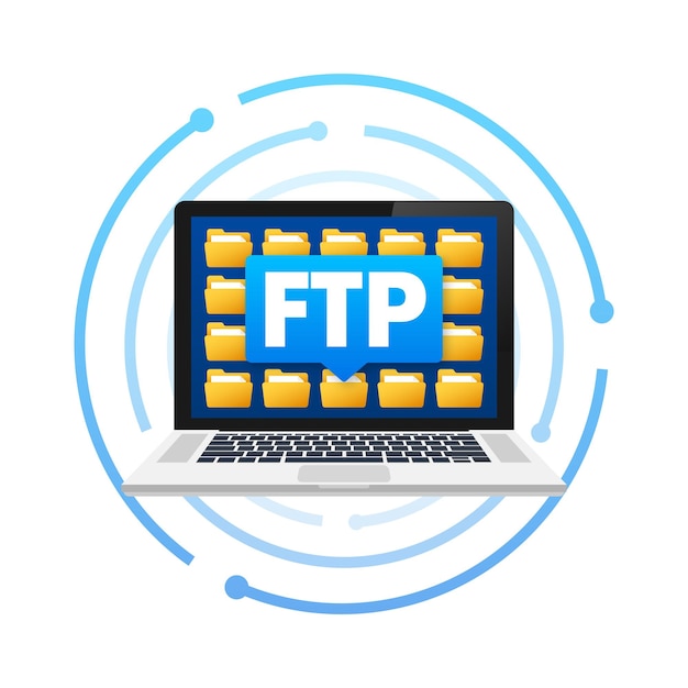 Vettore laptop con interfaccia di protocollo di trasferimento file ftp che visualizza cartelle per il web e il trasferimento di dati