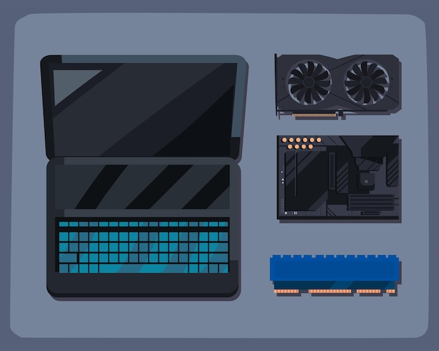 Vector laptop with gadgets icons