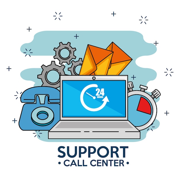 Vector laptop with icons, support service center clock industry phone
