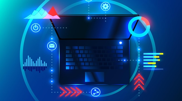 Vector laptop with infographics element futuristic cyber style data analytics