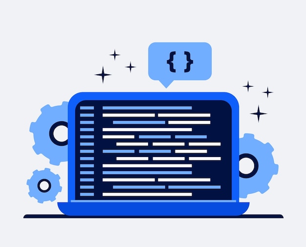 ベクトル 画面にコードの行があるラップトップ ウェブデザインとアプリのベクトルイラスト