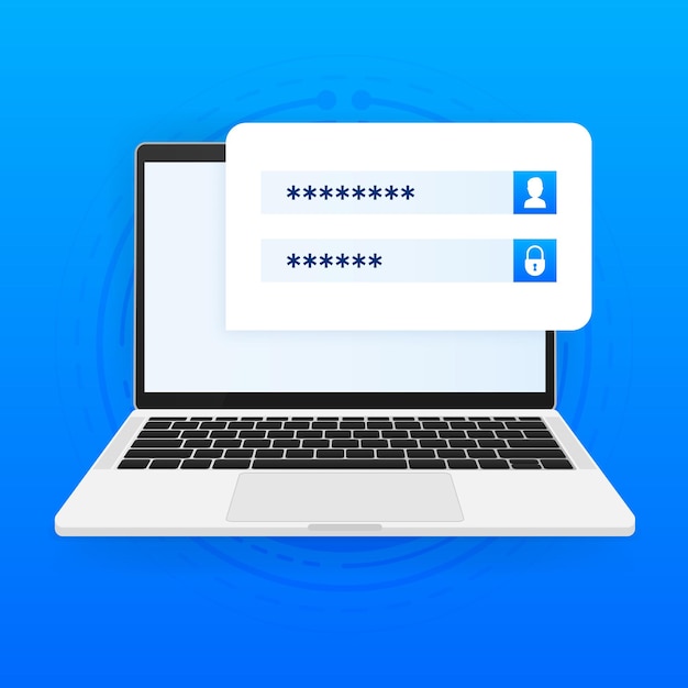 Vector laptop with login form and password page form on screen account login user authorization