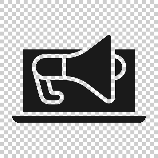 Laptop with megaphone speaker icon in flat style Notebook bullhorn vector illustration on white isolated background Computer subscribe business concept