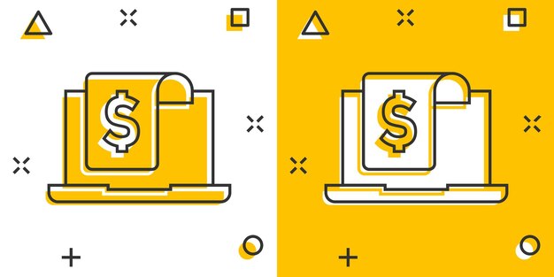 Laptop with money icon in comic style Computer dollar cartoon vector illustration on white isolated background Finance monitoring splash effect business concept