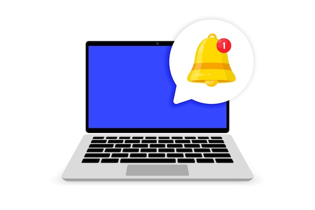 Laptop with notification Alert message on laptop screen Notification concept of new message or other notice Laptop with bell icon Vector illustration