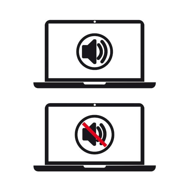 Vector a laptop with on and off sound sign in the screen on a white background with copy space