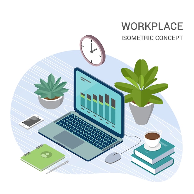 Laptop with office elements isometric illustration